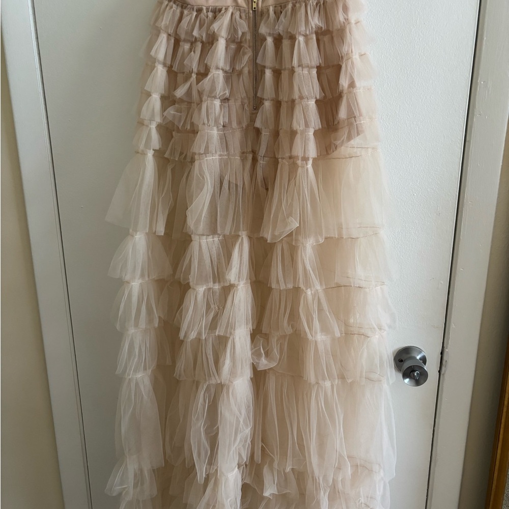 Women's Blush Ruffle Maxi Dress - Elegant V-Neck Tiered Gown - Picture 8 of 9